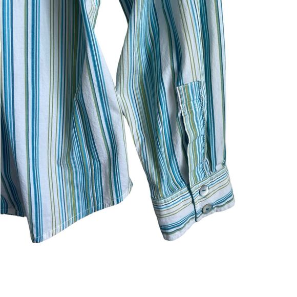 Chicos Women Cotton Top XL Green Blue Striped Button Up‎ Basics Workwear Preppy - Picture 5 of 8